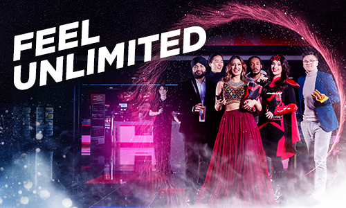 Image of people dressed up for a film with text that reads "Feel Unlimited"