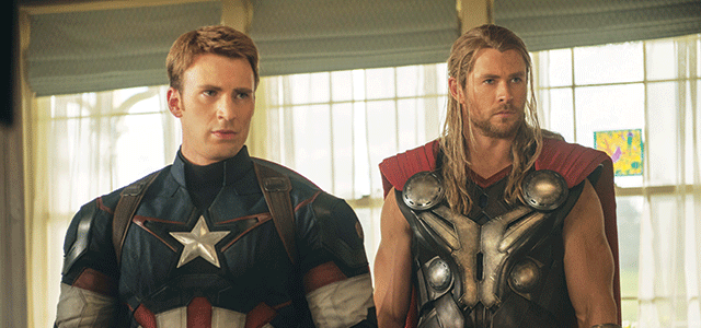 Chris Evans as Captain America and Chris Hemsworth as Thor in Avengers: Age of Ultron