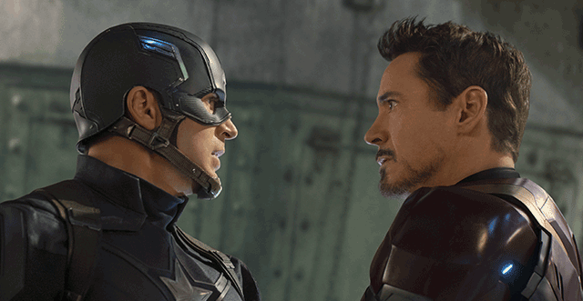 Chris Evans as Captain America confronts Robert Downey Jr. as Tony Stark in Captain America: Civil War