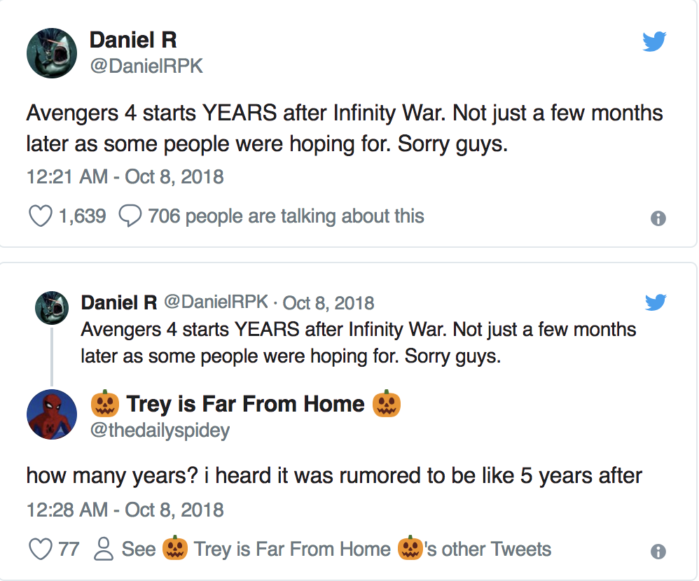 Online bloggers tweet Avengers 4 will start five years after Infinity War