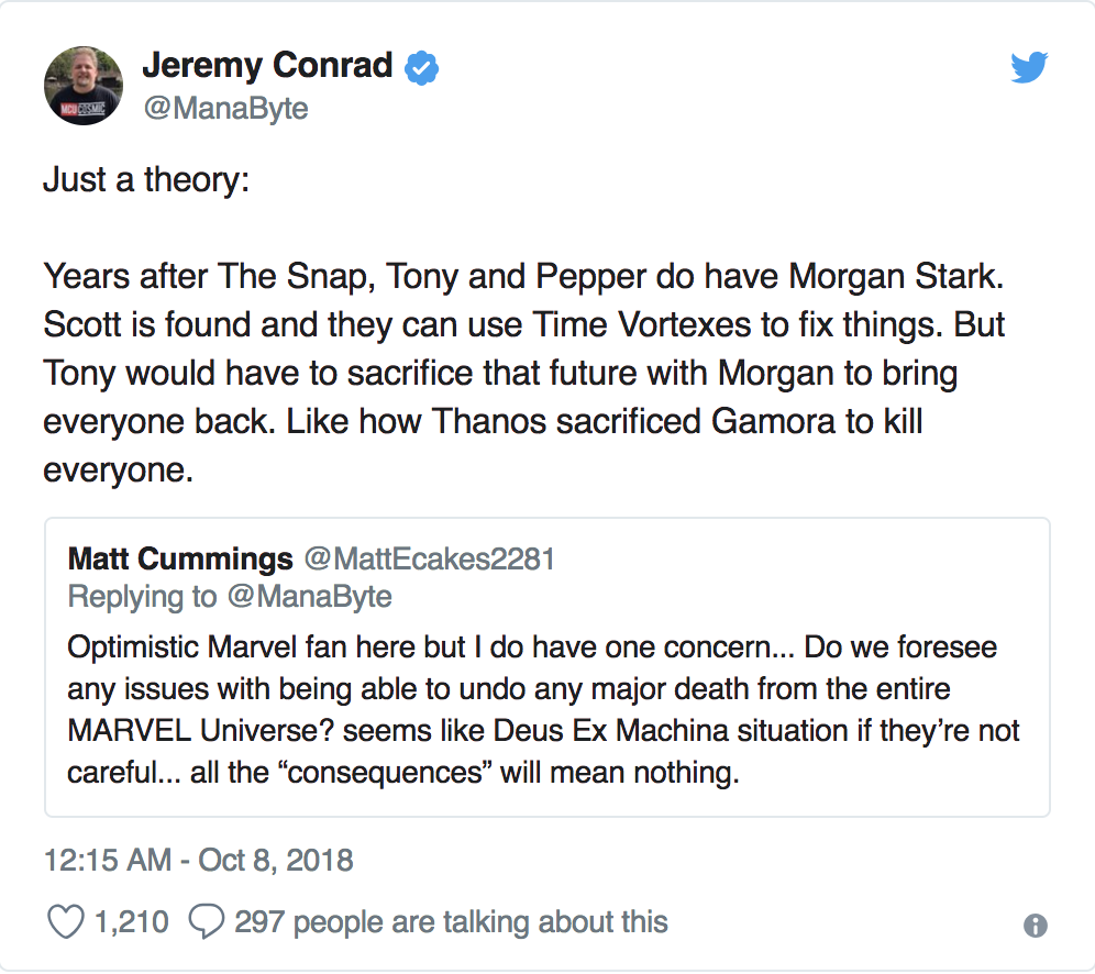 MCU Cosmic Podcast host Jeremy Conrad tweets Tony Stark will make a sacrifice in Avengers 4