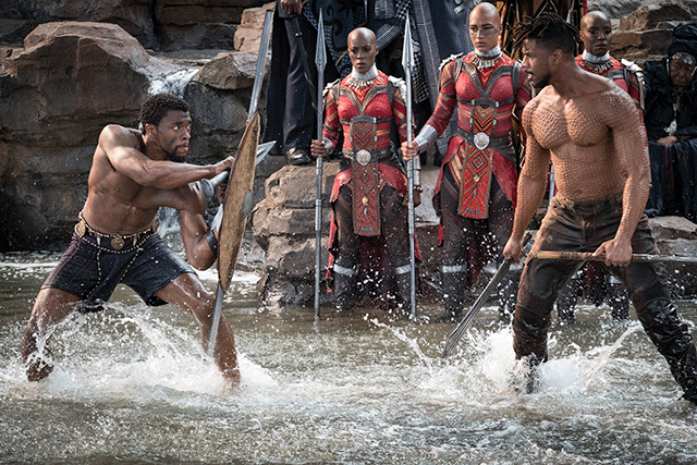 Chadwick Boseman as T'Challa confronts Michael B. Jordan as Killmonger in Black Panther
