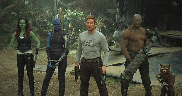 Star Lord, Drax, Gamora, Nebula and Rocket in Guardians of the Galaxy Vol. 2