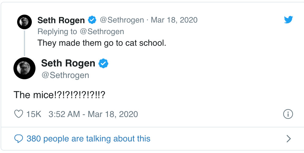 Seth Rogen gets stoned and live tweets about Cats in Coronavirus quarantine