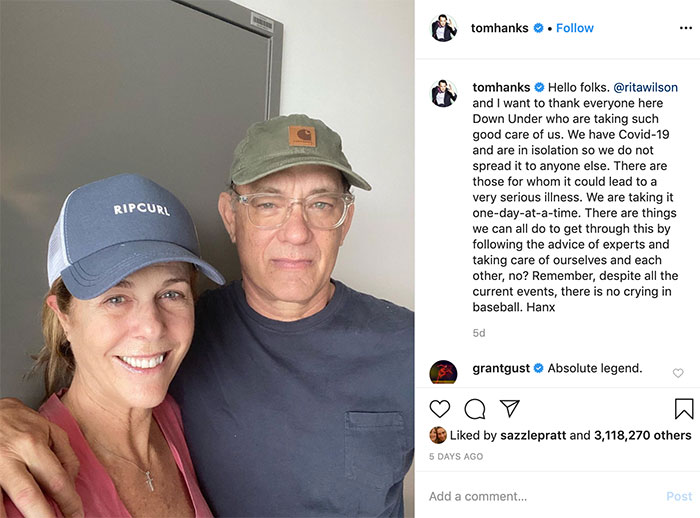 Tom Hanks shares Coronavirus story on Instagram