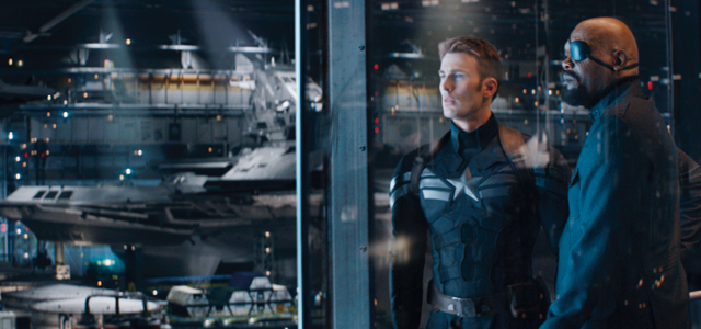 Chris Evans as Captain America and Samuel L. Jackson as Nick Fury in Captain America: The Winter Soldier