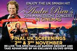 Andre Rieu's 'Love In Venice' CD/DVD is now available when you book your tickets for the screening of Andre Rieu's 10th Anniversary 2014 Maastricht Concert Encore. Not available in the cinema, the CD/DVD is available when purchased with a ticket online.